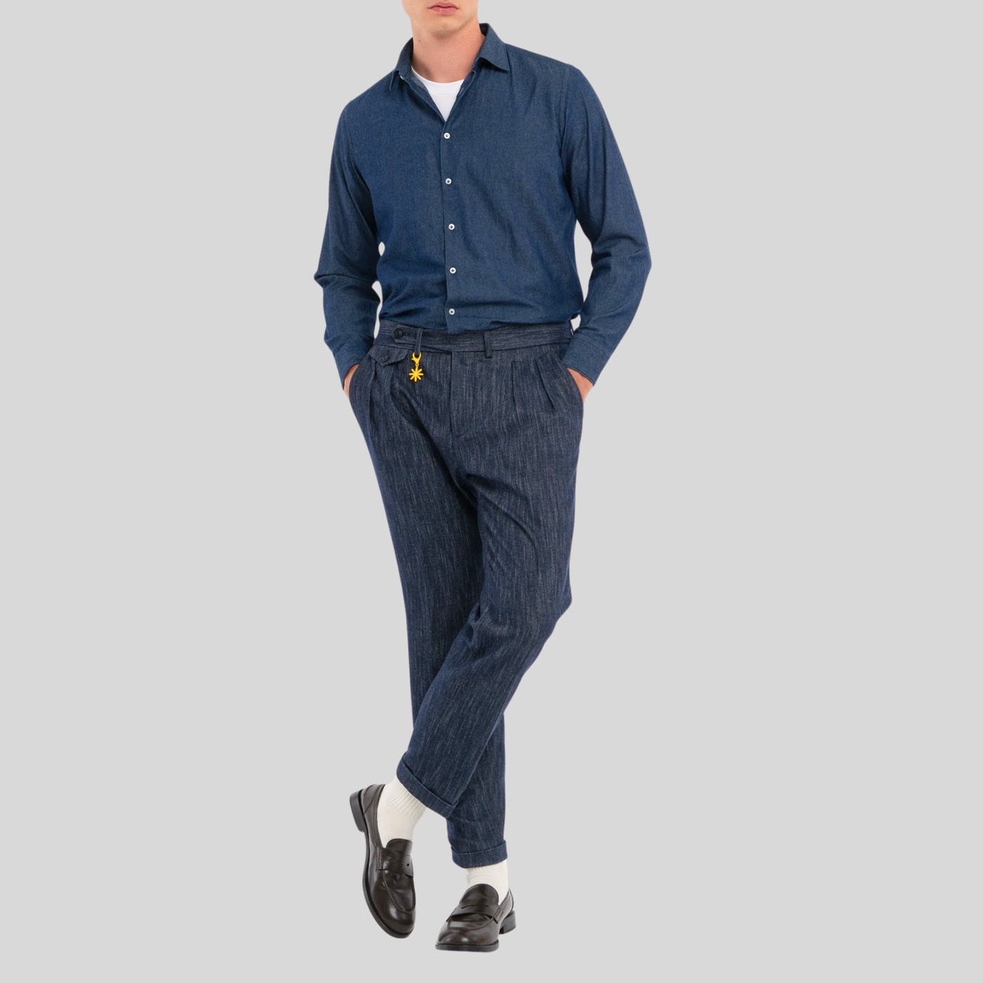 Denim Stretch Pleated Trousers - Navy