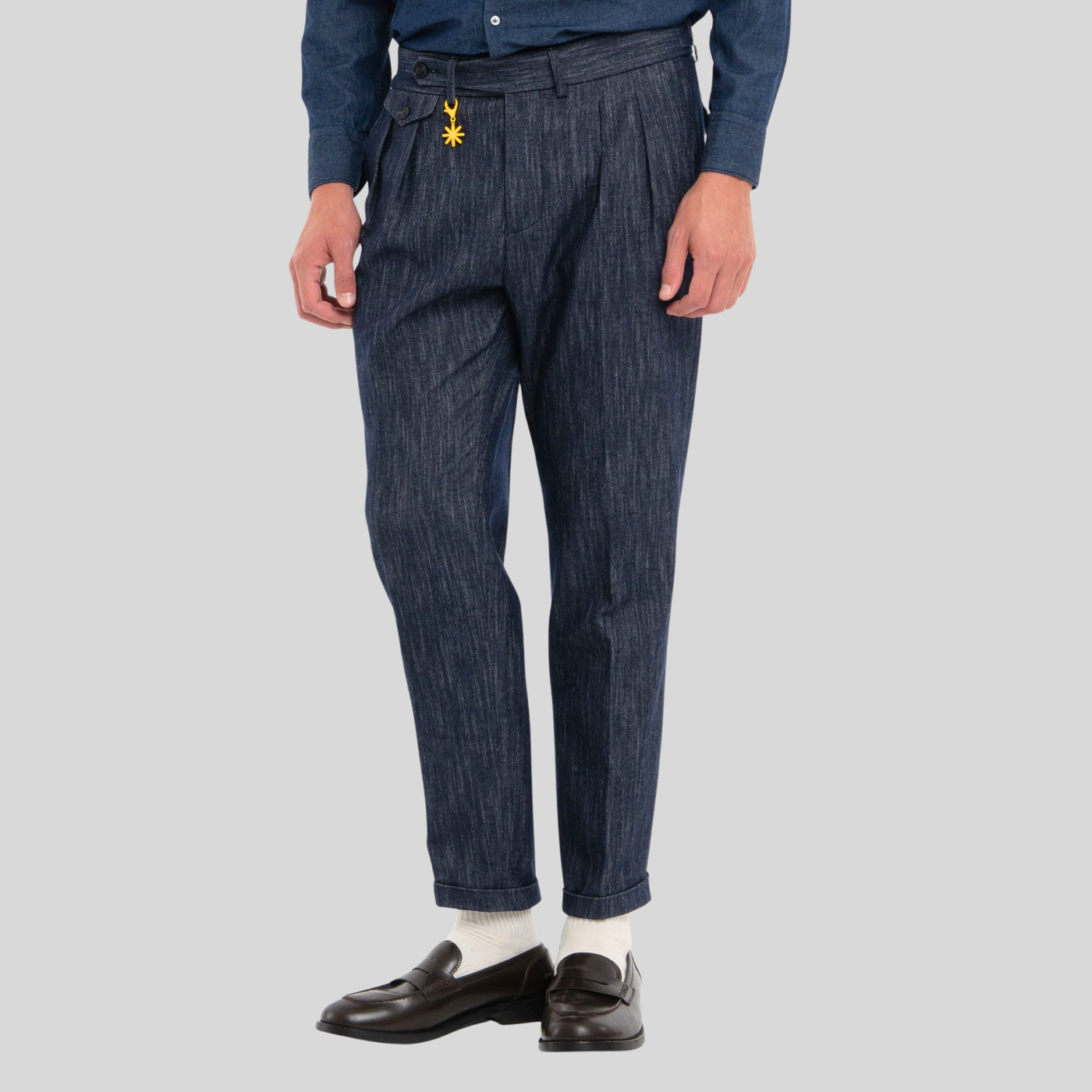 Denim Stretch Pleated Trousers - Navy