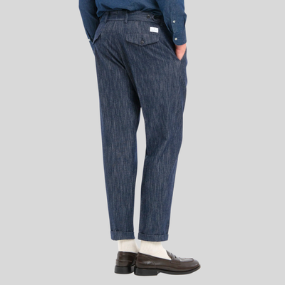 Denim Stretch Pleated Trousers - Navy