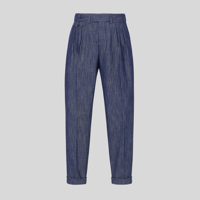 Denim Stretch Pleated Trousers - Navy