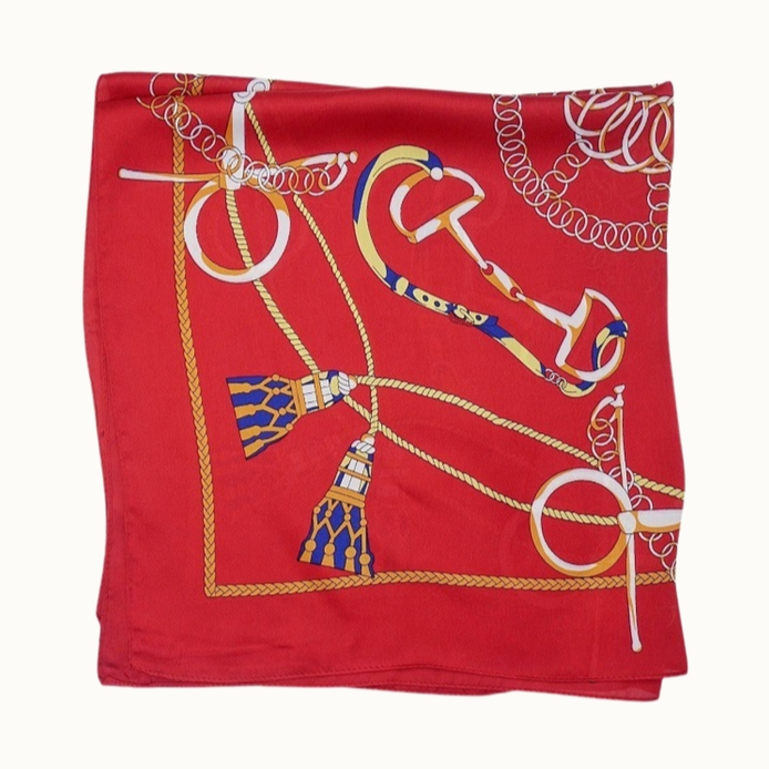 Equestrian Motif Silk-Like Neckerchief - Red