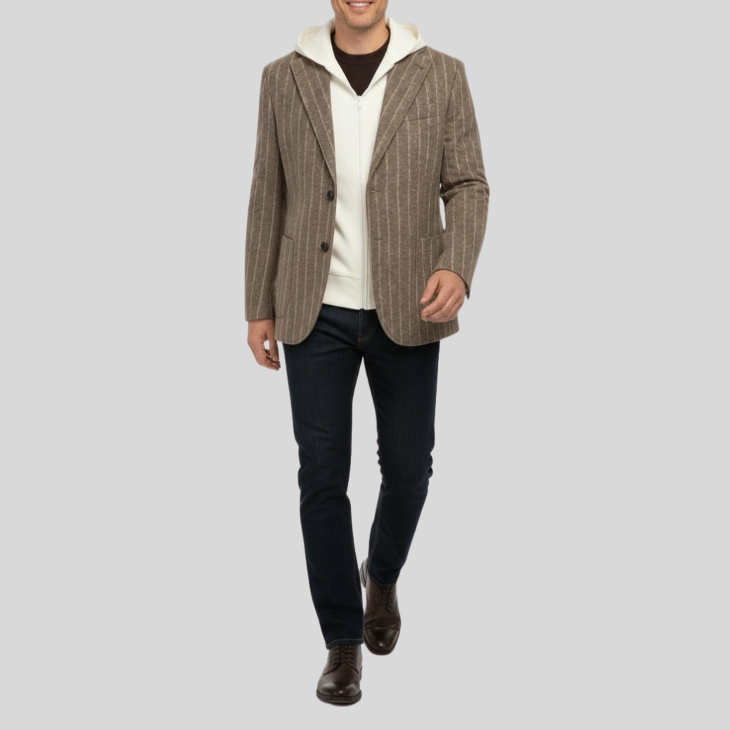 Pinstripe Flannel Jersey Blazer with Hood - Taupe