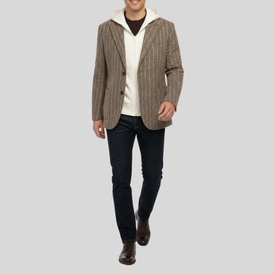 Pinstripe Flannel Jersey Blazer with Hood - Taupe