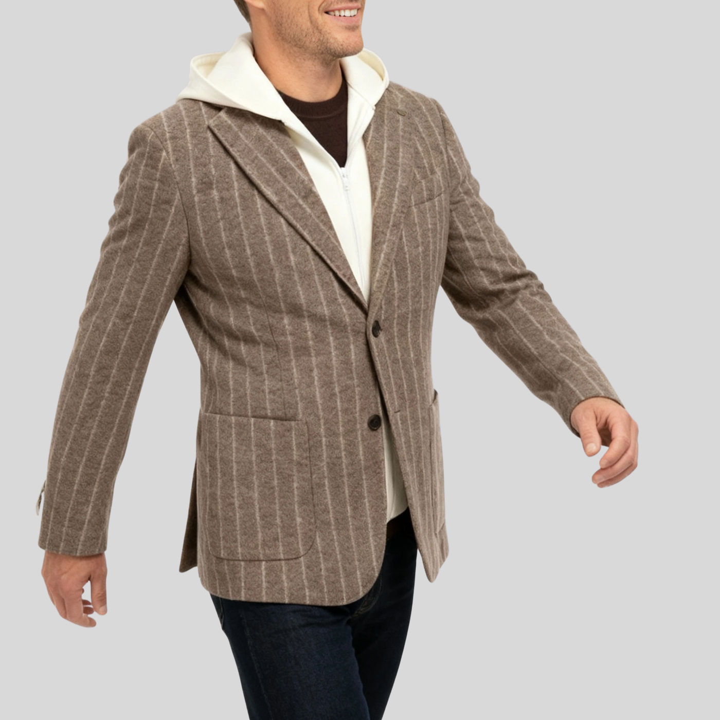 Pinstripe Flannel Jersey Blazer with Hood - Taupe