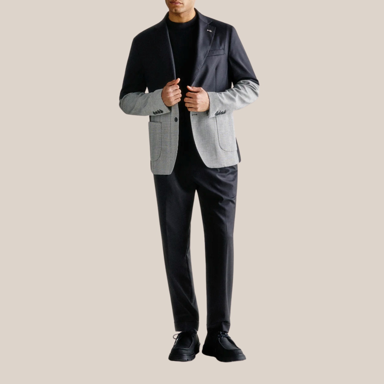 Solid / Glen Check Patch Pocket Blazer - Black