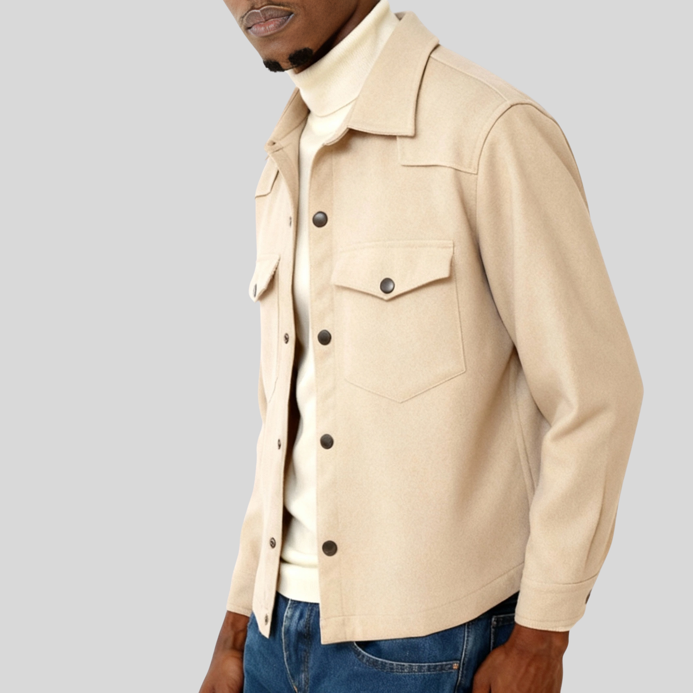 Wool Flannel Button Up Shirt Jacket - Beige