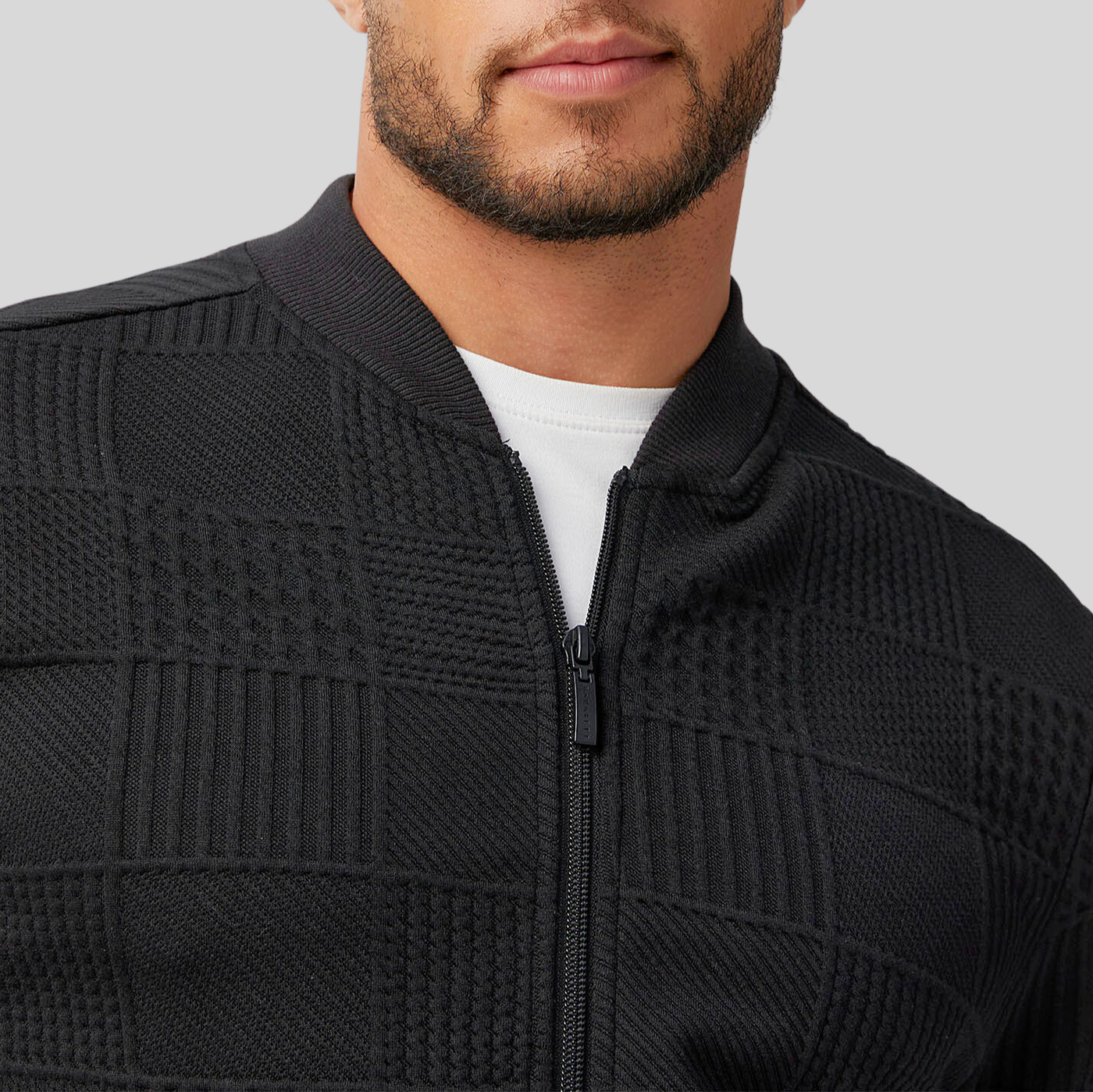 Gotstyle Fashion - Robert Barakett Sweaters Patchwork Jacquard Knit Zip Cardigan - Black