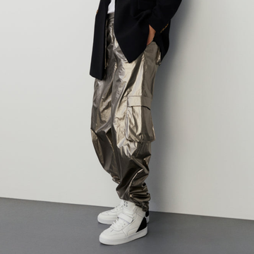 Shiny Cargo Pants Drawstring Waist - Silver