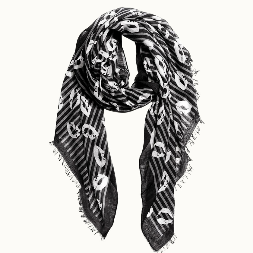 Fringed XOXO Striped Kisses Large Scarf - Black