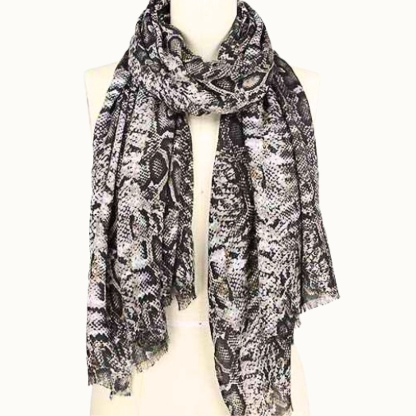 Fringed Snake Print Large Scarf - Grey