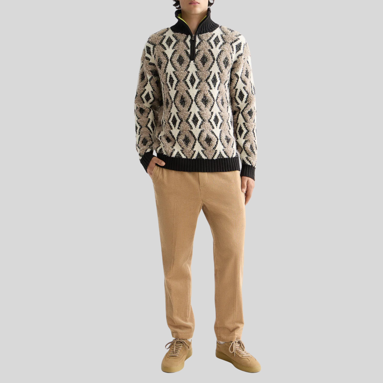 Modern Argyle Quarter-Zip Sweater - Tan