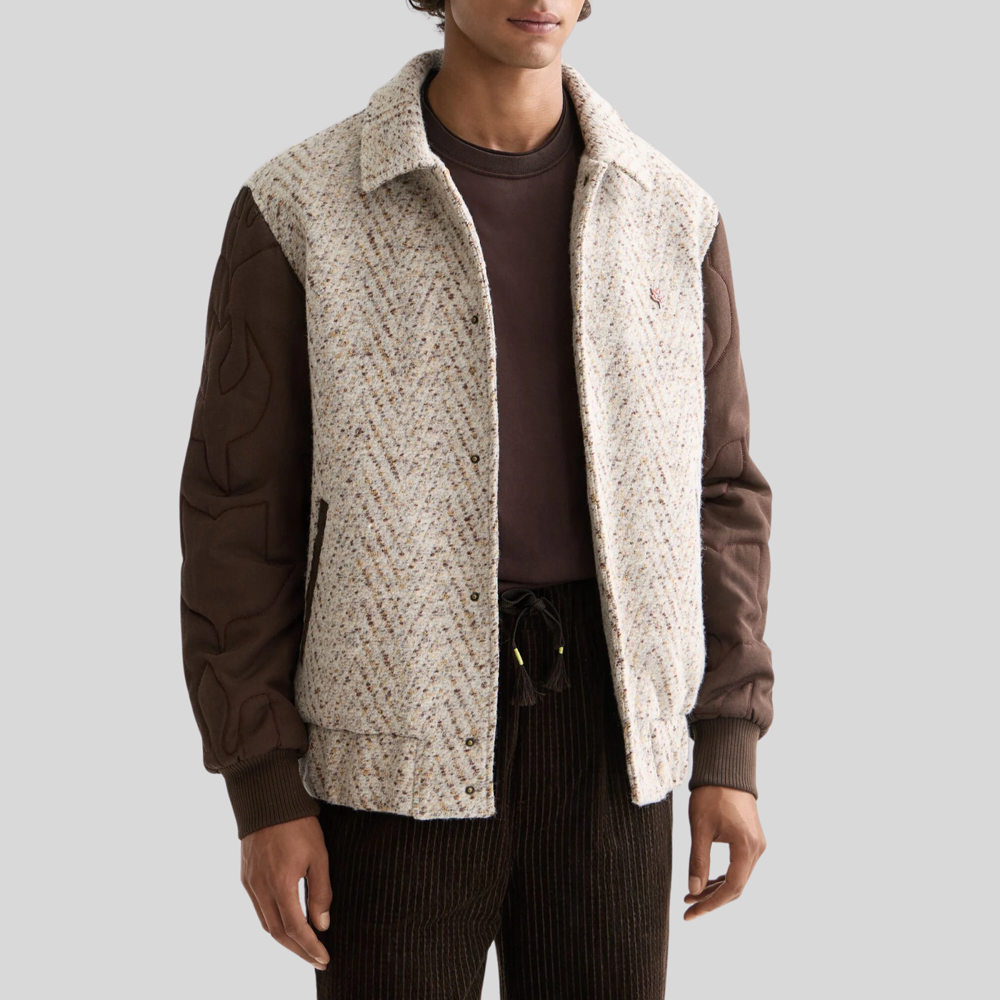 Chevron Melange Wool Varsity Jacket - Taupe