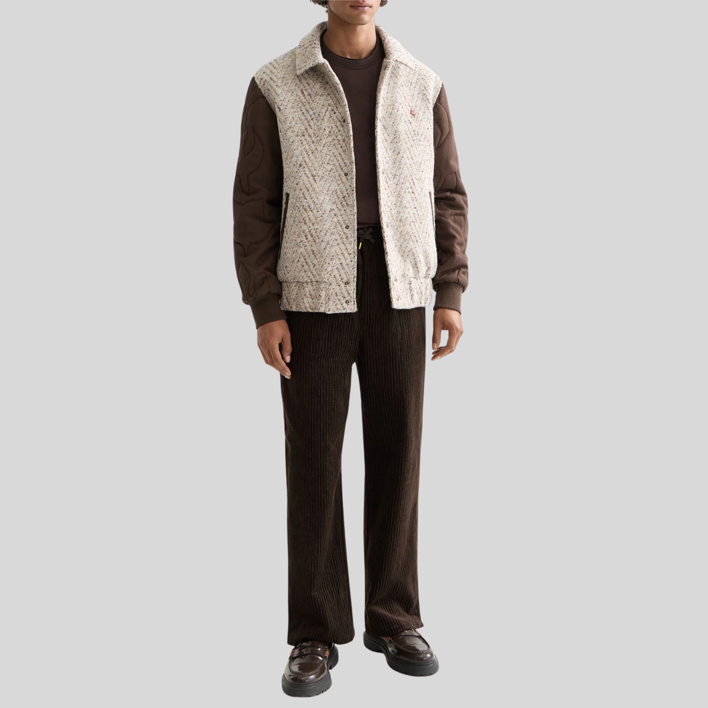 Chevron Melange Wool Varsity Jacket - Taupe