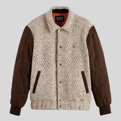 Chevron Melange Wool Varsity Jacket - Taupe