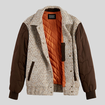 Chevron Melange Wool Varsity Jacket - Taupe