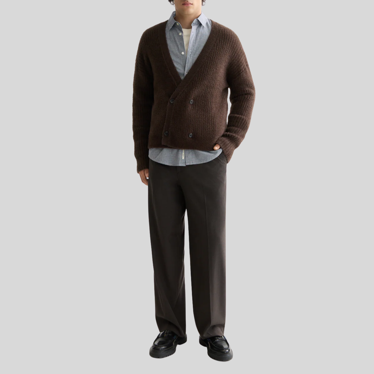 Textured Fuzzy Cardigan - Brown