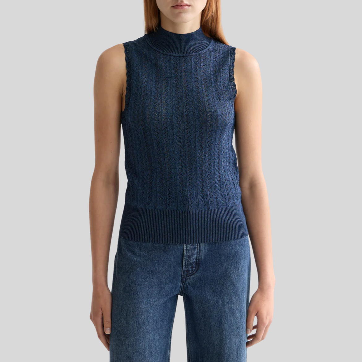 Metallic Pointelle Knit Tank - Blue
