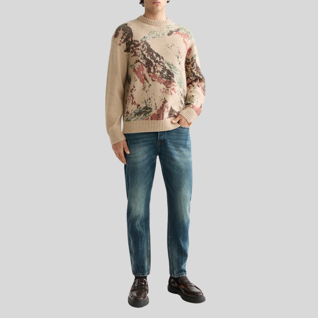 Mountain Artwork Crew Sweater - Tan
