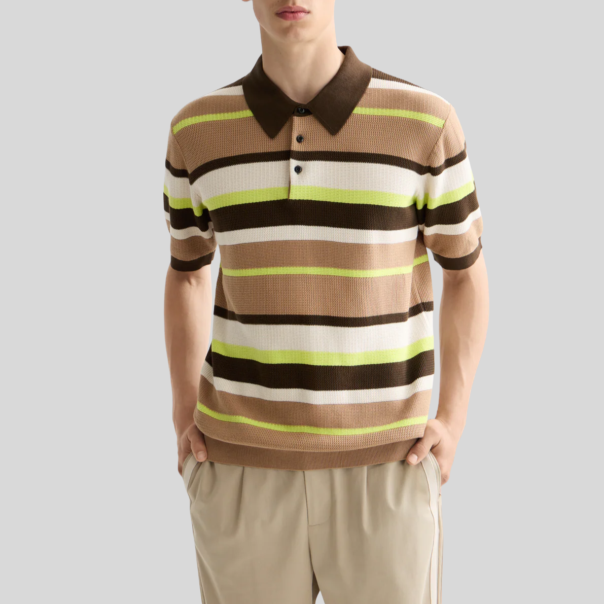 Multi Stripe Knit Polo - Brown