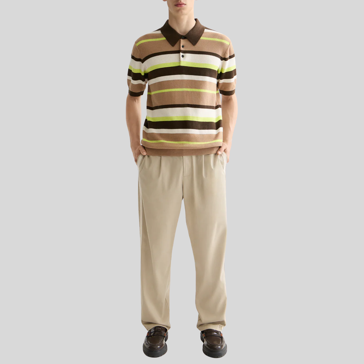 Multi Stripe Knit Polo - Brown