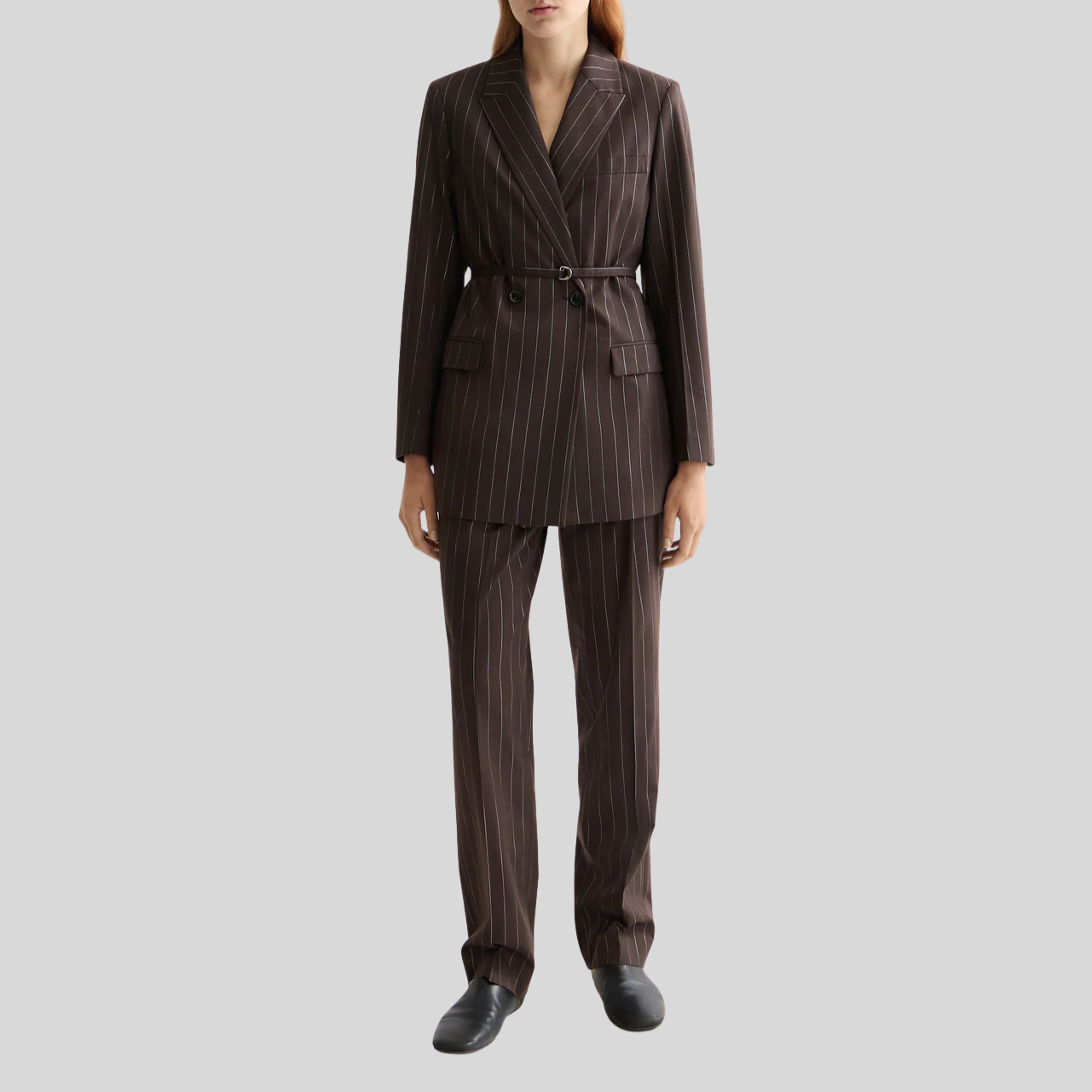 Pinstripe High Rise Relaxed Trousers - Brown