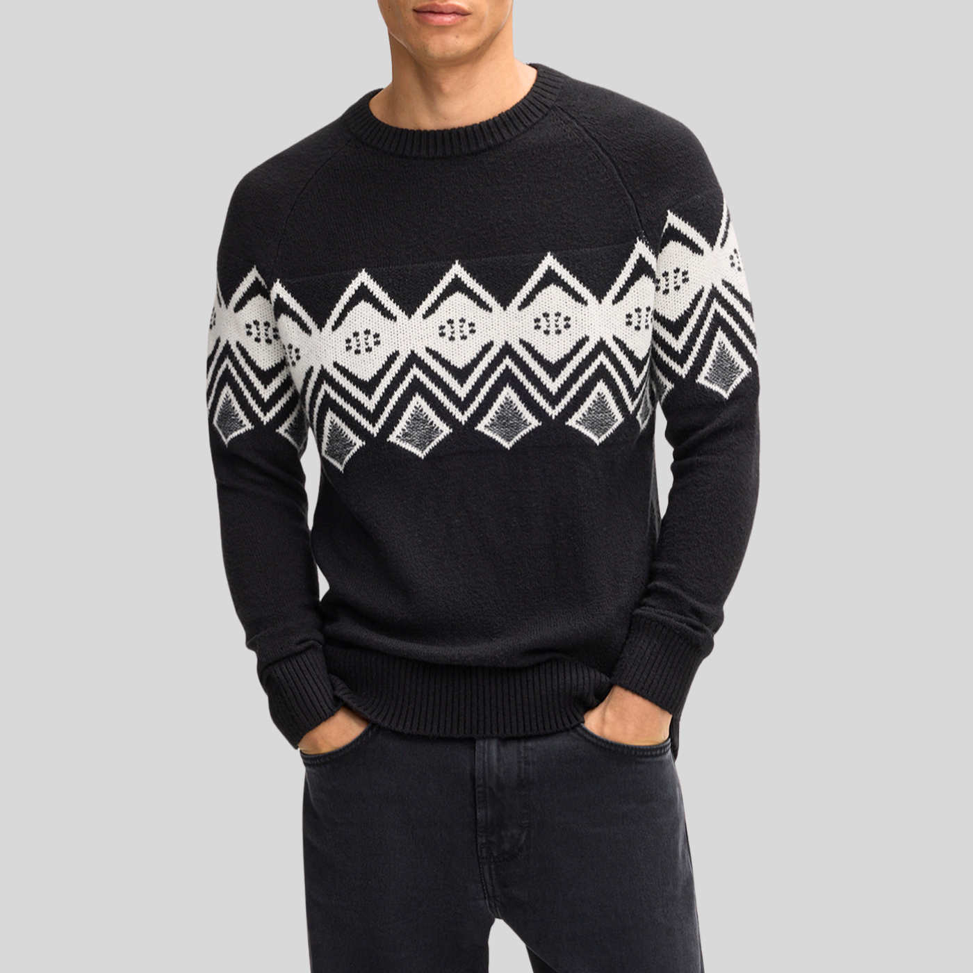 Norwegian Pattern Cotton Blend Sweater - Black