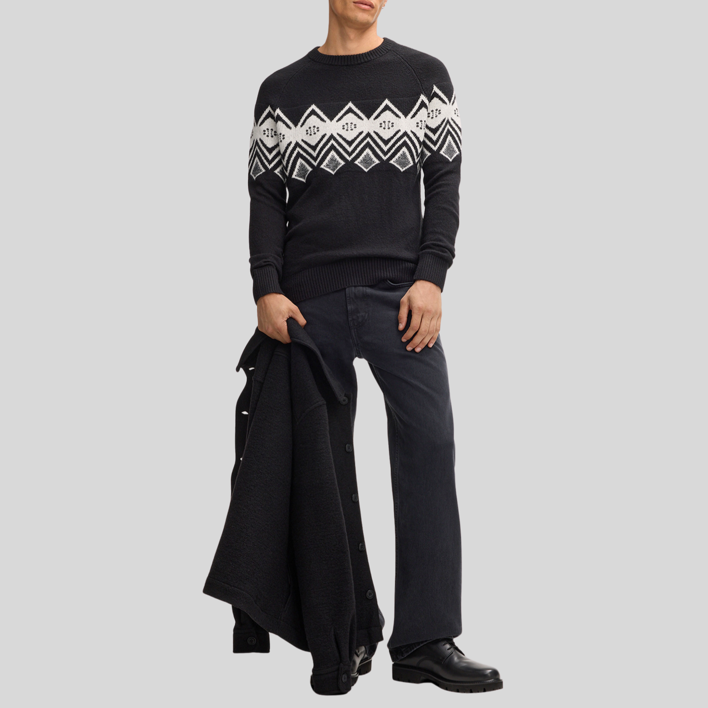 Norwegian Pattern Cotton Blend Sweater - Black