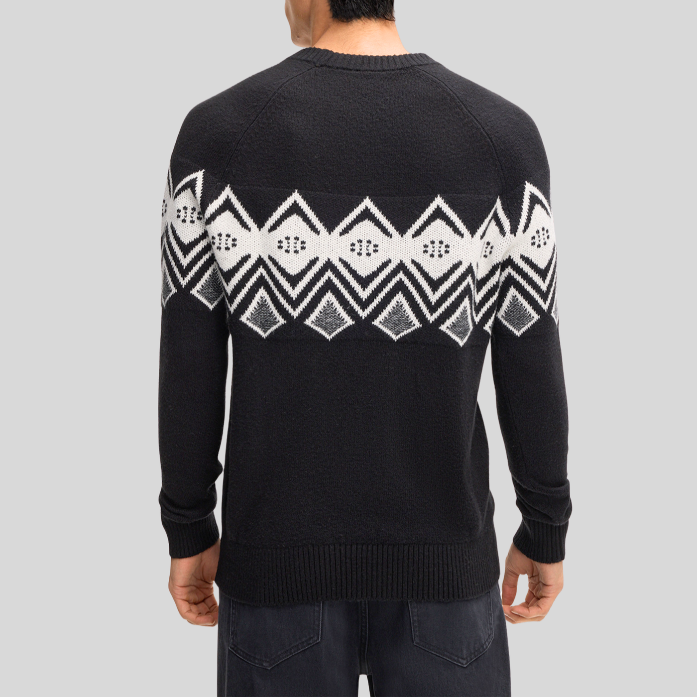Norwegian Pattern Cotton Blend Sweater - Black