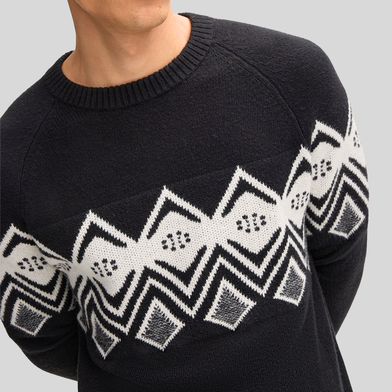 Norwegian Pattern Cotton Blend Sweater - Black