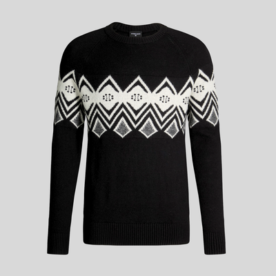 Norwegian Pattern Cotton Blend Sweater - Black