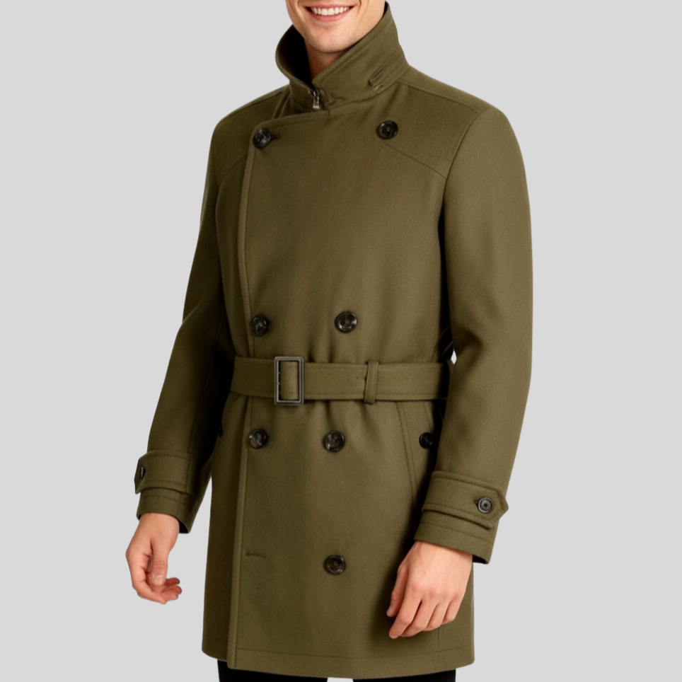 Double Breasted Collared Trench Coat - Olive