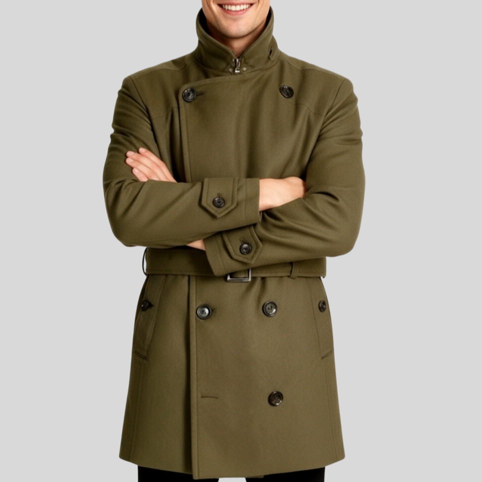 Double Breasted Collared Trench Coat - Olive