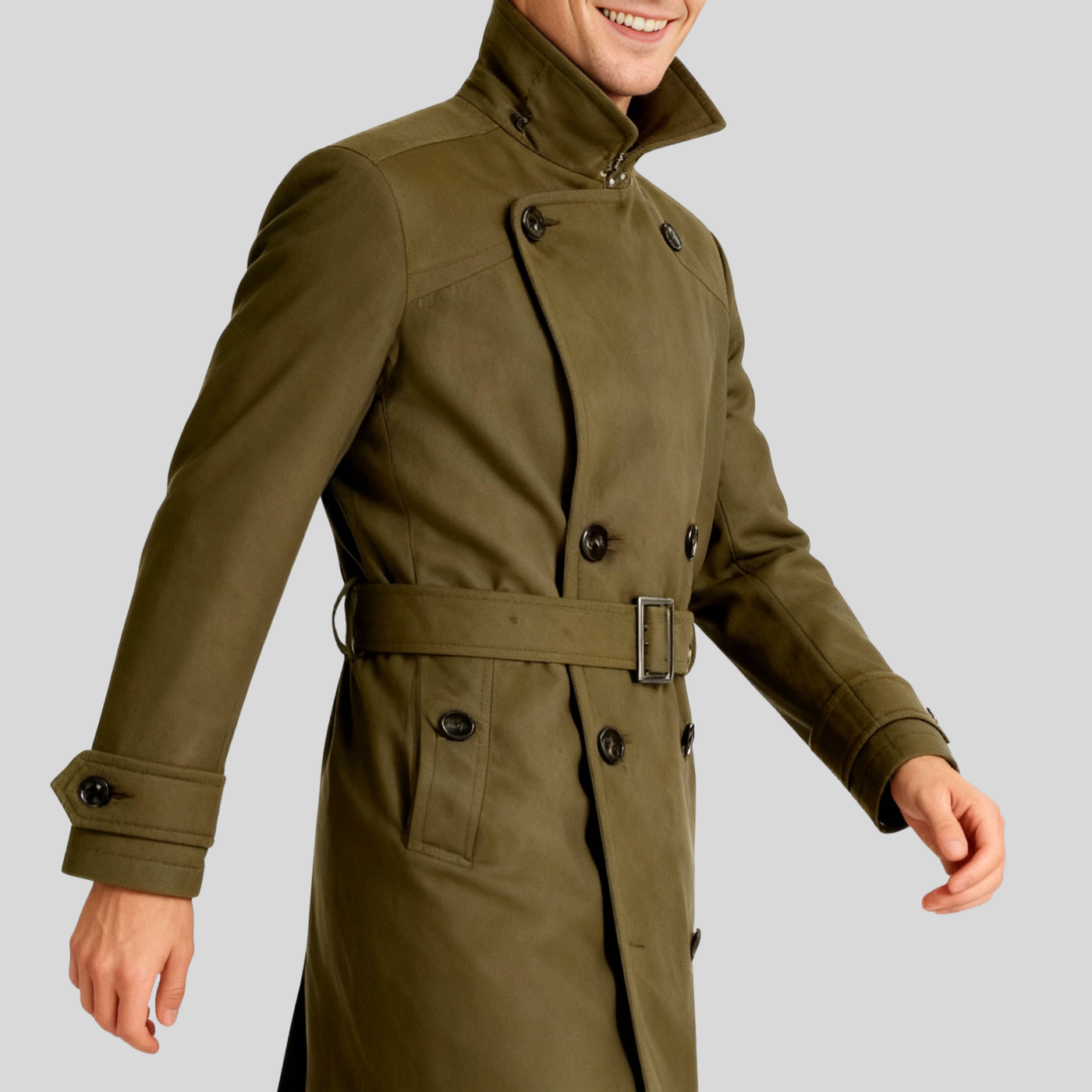 Double Breasted Collared Trench Coat - Olive