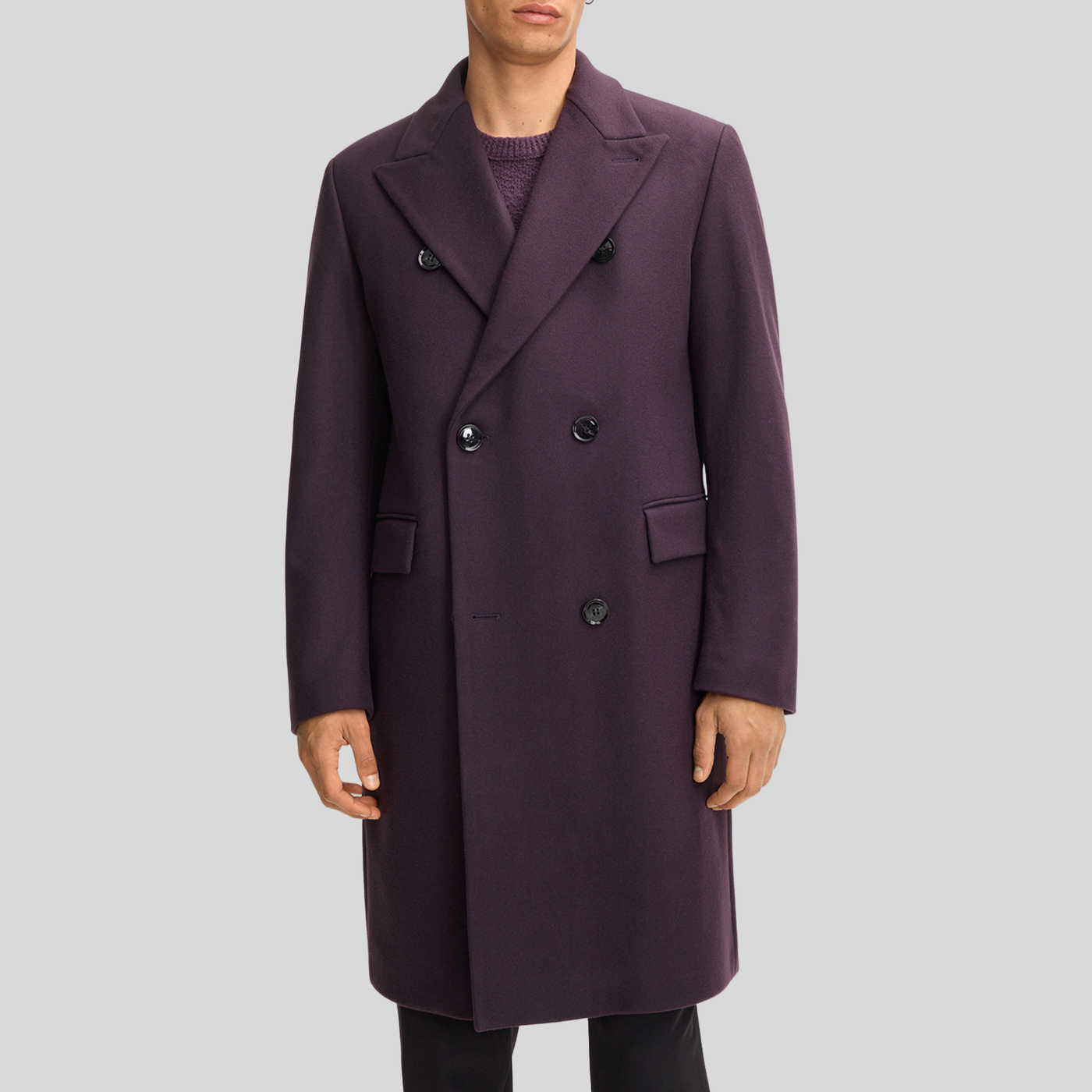 Solid Double Breasted Top Coat - Dark Purple