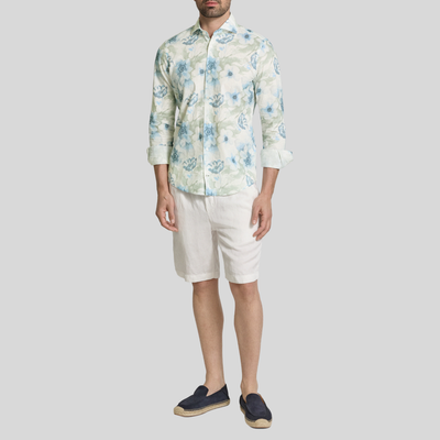 Floral Print Linen/Cotton Shirt - Blue/Green