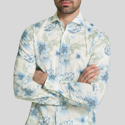 Floral Print Linen/Cotton Shirt - Blue/Green