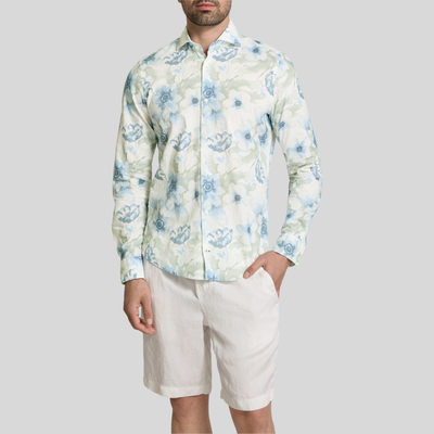 Floral Print Linen/Cotton Shirt - Blue/Green