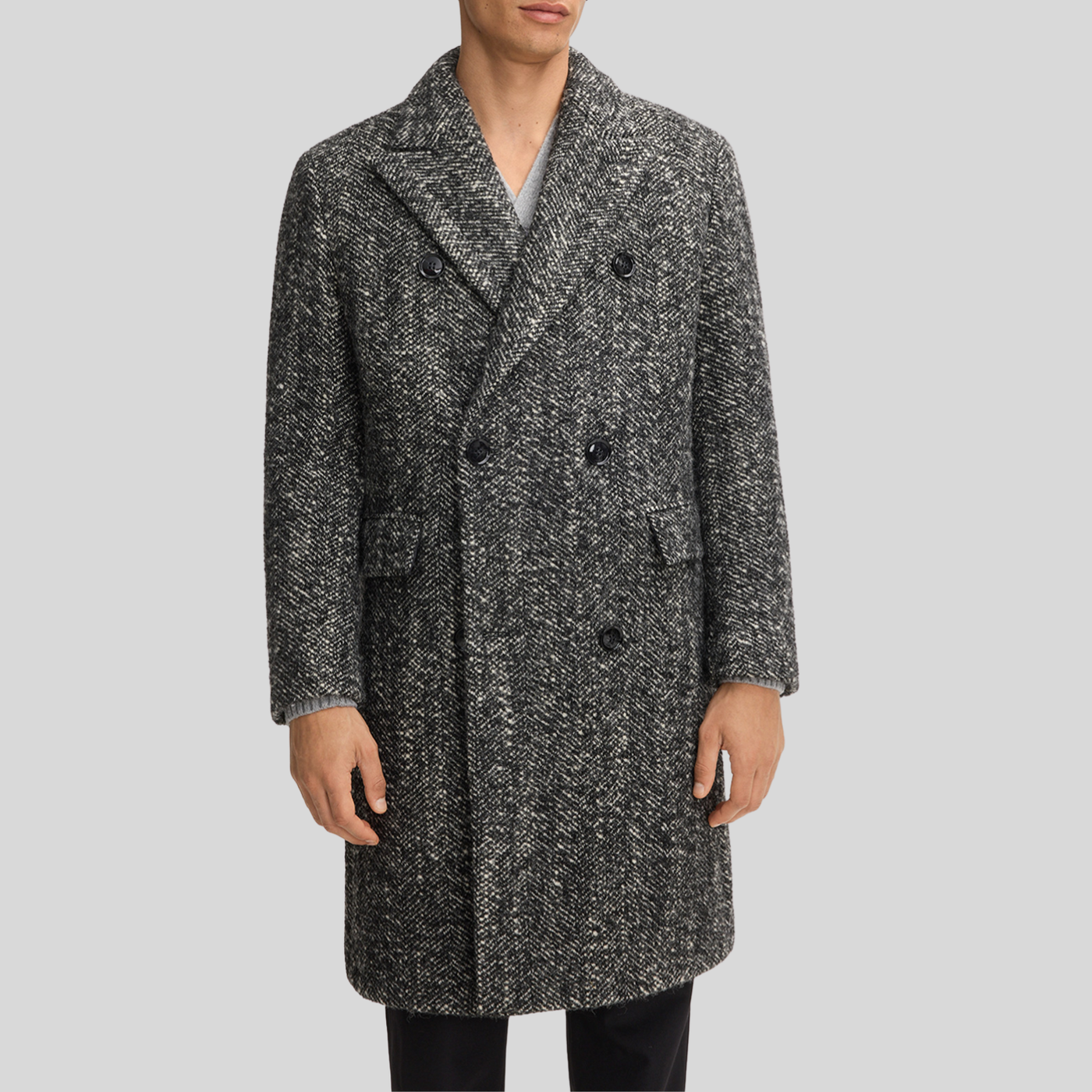 Herringbone Double Breasted Top Coat - Black