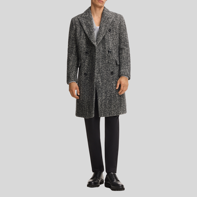 Herringbone Double Breasted Top Coat - Black