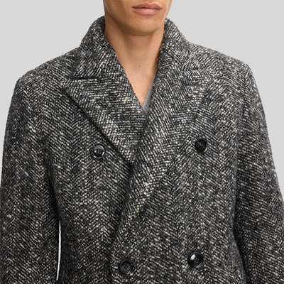 Herringbone Double Breasted Top Coat - Black