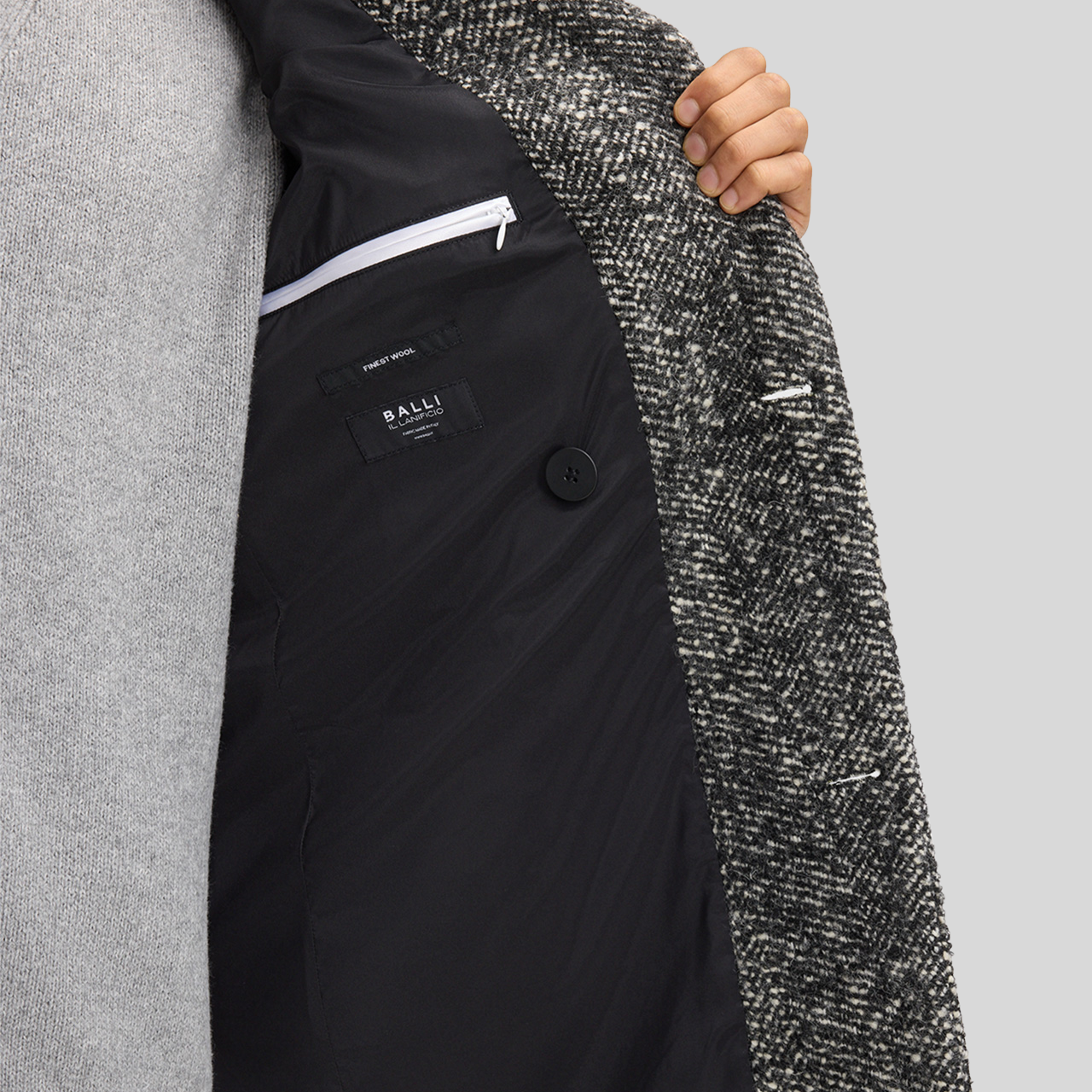 Herringbone Double Breasted Top Coat - Black