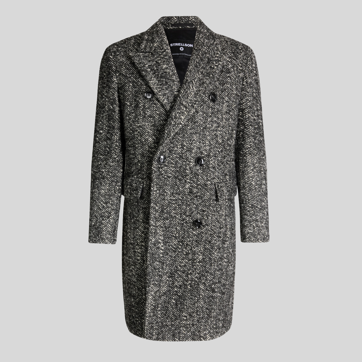 Herringbone Double Breasted Top Coat - Black