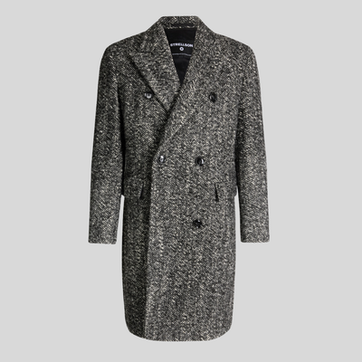 Herringbone Double Breasted Top Coat - Black