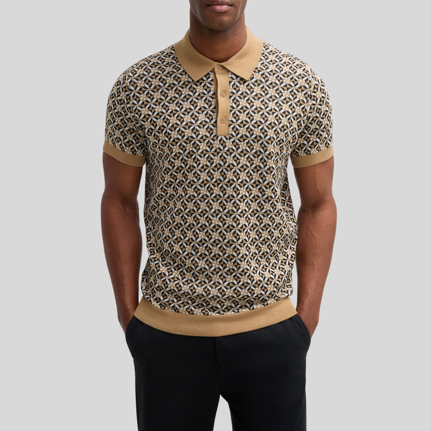 Retro Geometric Design Knit Polo - Sand