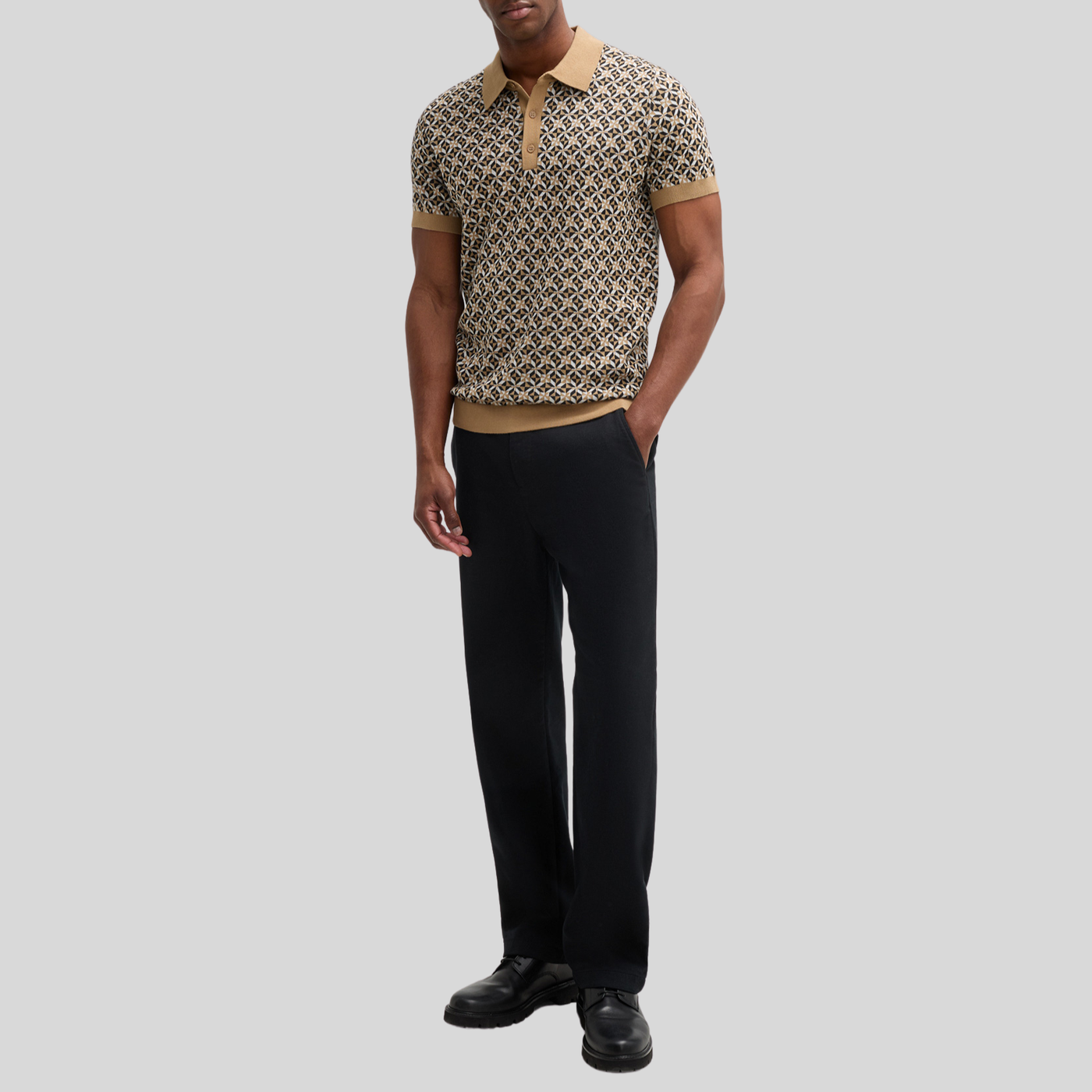Retro Geometric Design Knit Polo - Sand