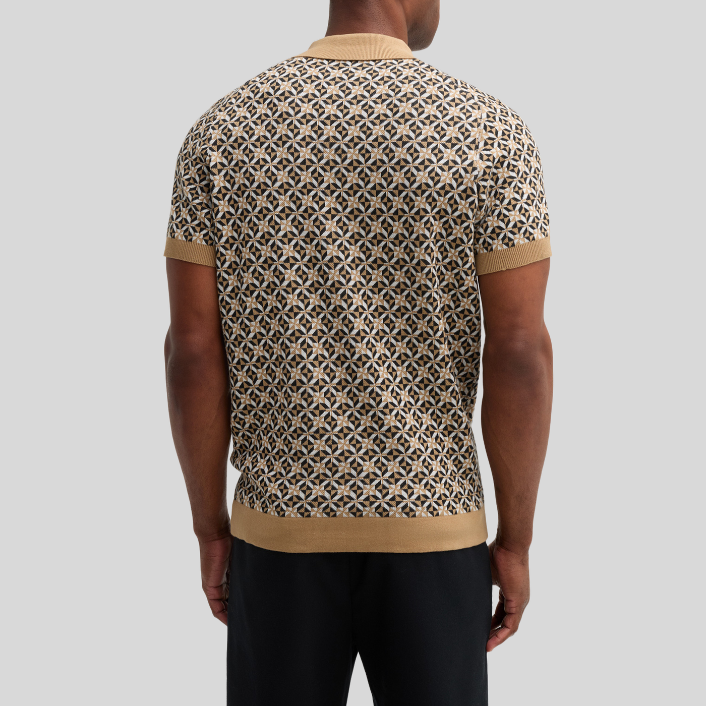 Retro Geometric Design Knit Polo - Sand