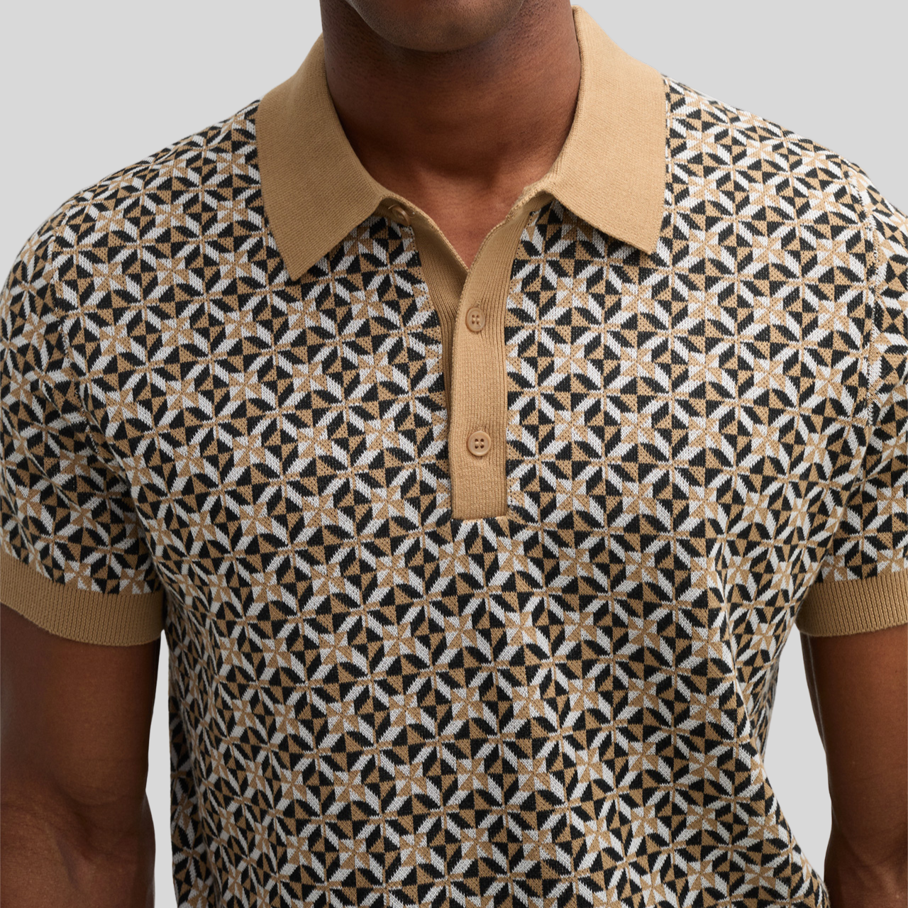 Retro Geometric Design Knit Polo - Sand