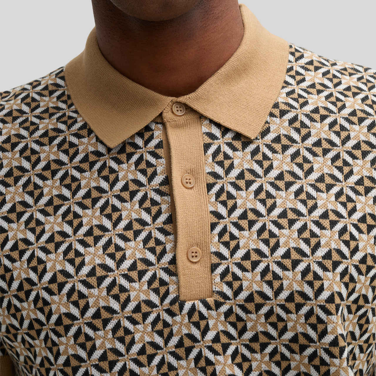 Retro Geometric Design Knit Polo - Sand