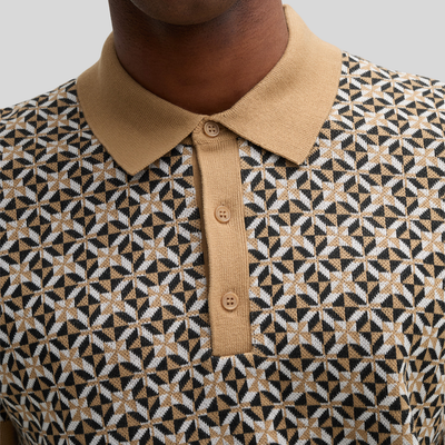 Retro Geometric Design Knit Polo - Sand