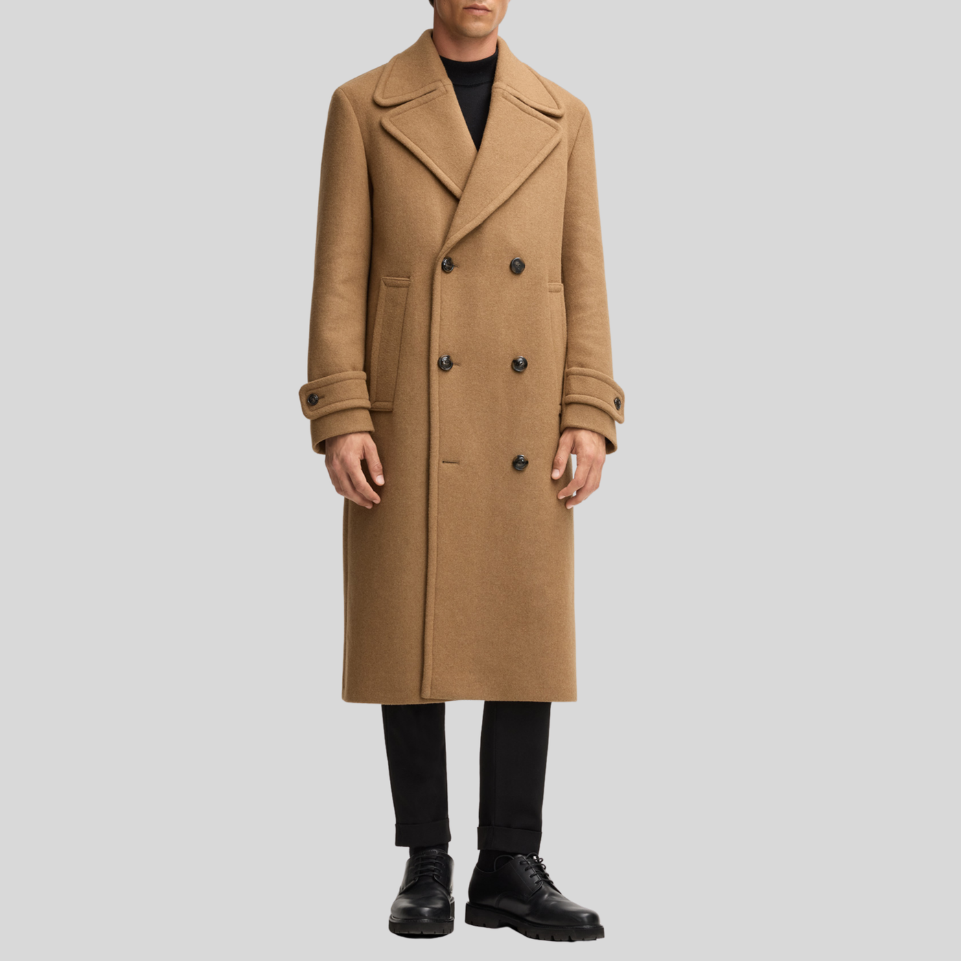 Wide Lapel Wool Blend Long Coat - Camel